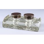 A Cut Glass Desk Double Inkwell, Late 19th Century, the lids formed from two George III 1797