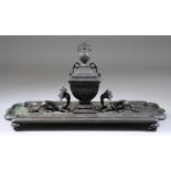 A French Bronze Desk Inkwell, Late 19th Century, the inkwell modelled as a covered two-handled urn