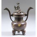 A Japanese Bronze Two-Handled Koro and Cover, 20th Century, the body splashed with gold, seal
