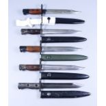 Nine Mid to Late 20th Century Bayonets, various, each with scabbard