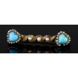 A Victorian Gold Coloured Metal Twin Heart Ended Bar Brooch, with heart shaped turquoise