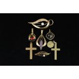 A Mixed Lot of 14ct Gold, comprising - a pearl set leaf brooch, a pink quartz set pendant, a small