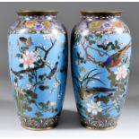 A Pair of Japanese Cloisonne Enamel Baluster Shaped Vases, Late 19th Century, decorated with birds