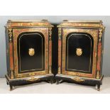 A Pair of 19th Century French Ebonised and Red Tortoiseshell Boulle Pier Cabinets, with gilt brass