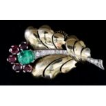 An Emerald, Ruby and Diamond Floral Pattern Brooch, Modern, in 9ct gold mount, the centre set with a