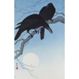 Koson Ohara (1877-1945) - Woodcut in colours - Two black crows on a branch against a full moon, 14.