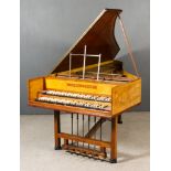 A 1950's Double Manual Harpsichord, possibly by Goble, the interior inlaid "A.L.M.C." and dated