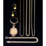 A Mixed Lot of 9ct Gold, comprising - three gold chains, one bracelet, one wedding band, one watch