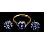 A Sapphire and Diamond Flower Head Ring, 20th Century, in 22ct gold and white metal mount, set