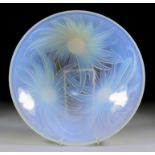 An Etling Opalescent Glass Dish Moulded with Three Flowerheads, Circa 1925, with moulded mark "