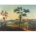 19th Century Spanish School - Oil painting - River landscape with figure and horses on a track,