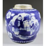 A Chinese Blue and White Porcelain Jar, painted with figures in two shaped reserve panels on a