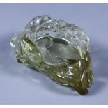 A Chinese Rock Crystal Brush Washer, carved with monkeys amongst peaches, 3.75ins (9.5cm) x 1.