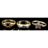 A Three Stone Sapphire and Diamond Gypsy Ring, and Two Other Rings, the gypsy ring in 18ct gold