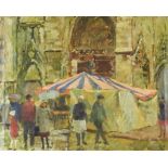 Denny (20th Century) - Oil painting - Standing figures and a coloured marquee outside the west front