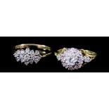 Two Diamond Cluster Rings, Modern, one in 18ct gold mount, set with small diamonds approximate total