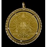 An Austrian 1915 100 Corona Gold Coin (restrike), set in 18ct gold mount, 45mm overall, total