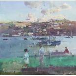 ARR Fred Cuming (born 1930) - Oil painting - "Fowey Harbour" - Busy river landscape with three