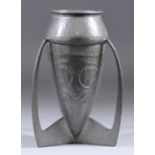 Archibald Knox for Liberty & Co. Pewter Bomb Vase, with stylised fruit and planished finish, 7.