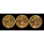 Three Half Sovereigns - Edward VII 1910 and George V 1913 and 1914, all fair/fine