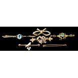 A Mixed Lot of 9ct Gold Bar Brooches, comprising - three gem set brooches, 65mm, 50mm and 35mm,