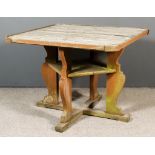 A Teak Square Garden Table, with slatted top and rounded corners, on shaped supports and X-pattern