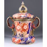 A Large Two-Handled English Ironstone Loving Cup and Cover, 19th Century, possibly Masons, painted