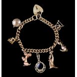 A 9ct Gold Charm Bracelet, hung with seven various charms and with padlock clasp, 170mm overall,