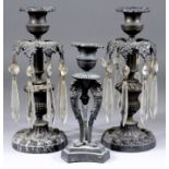 A Pair of English Cast Bronze Table Candlesticks with Glass Prismatic Drops, Early 19th Century, 8.