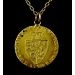 A George III 1798 "Spade" Guinea, modified to form a pendant, on yellow metal chain, 420mm, total