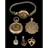 A Mixed Lot of 9ct Gold, comprising - locket, 45mm x 25mm, fob watch, 27mm diameter, lady's gold