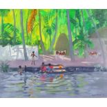 ***Andrew Macara (born 1944) - Oil painting - "Kerala Backwater" - View of figures bathing and