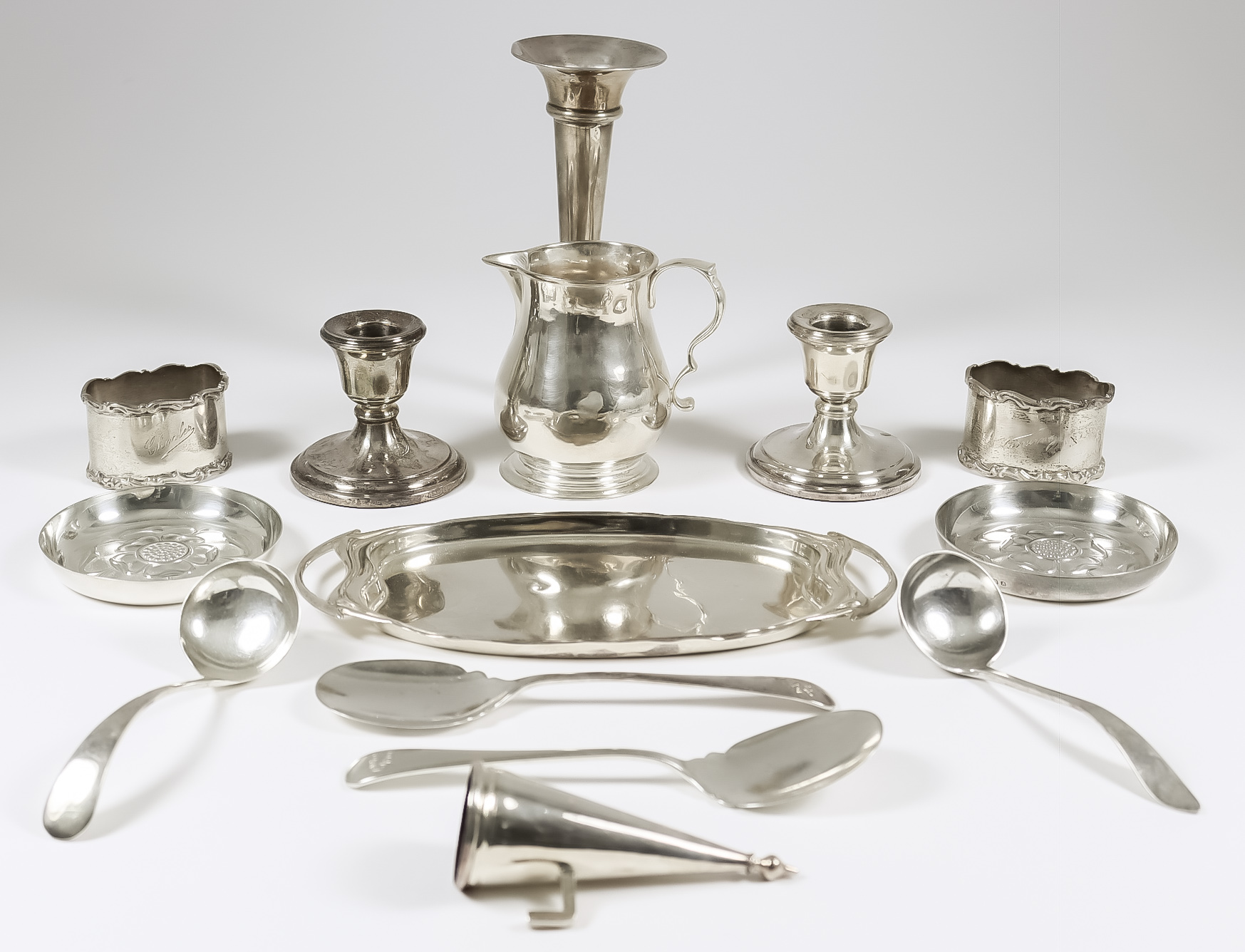 A George III Silver Cream Jug, a Pair of Elizabeth II Silver Circular Dishes, and mixed