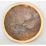 A Japanese Carved Hinoki Wood Dish, Meiji Period, carved with two swimming carp, the eyes inlaid
