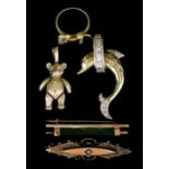A Mixed Lot of 9ct Gold, comprising - an articulated teddy bear set with paste stones, 34mm overall,