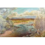 A. C. Hearn - Oil painting - River scene with fishermen beside river and gilly carrying salmon,