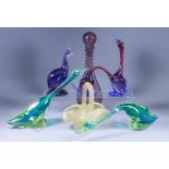 Five Murano Glass Bird Models, various sizes, a glass mauve tinted decanter and stopper , 15ins
