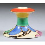 A Clarice Cliff 'Bizarre' Pottery Candlestick (Shape 310), painted with "Autumn Blue" pattern, circa