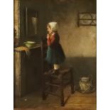 19th Century Continental School - Oil painting - Small girl standing on a rush chair gazing out of a