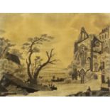 Early 19th Century - Black silk needlework picture of a ruined church, with figures, 13ins x 17.