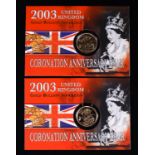 Two Elizabeth II 2003 Sovereigns, uncirculated, in Royal Mint blister packs