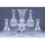 A Pair of Cut Glass Decanters and Mushroom Stoppers, Early 19th Century, 8.75ins high, another pair,