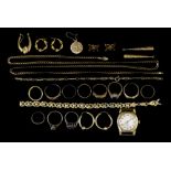 A Mixed Lot of 9ct Gold, comprising - five gem set rings, six plain gold rings, one neck chain,