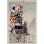 Kobayashi Kiyochika (1847-1915) - Woodcut in colours - Hosokawa Yusai with his horse under a full