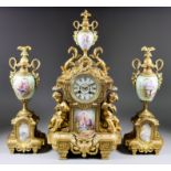 A Late 19th Century French Gilt Metal and Porcelain Mounted Three-Piece Clock Garniture, by L.