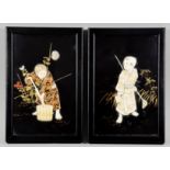 A Pair of Framed Japanese Shibayama Panels, Meiji Period, inlaid with ivory, wood, bone and mother