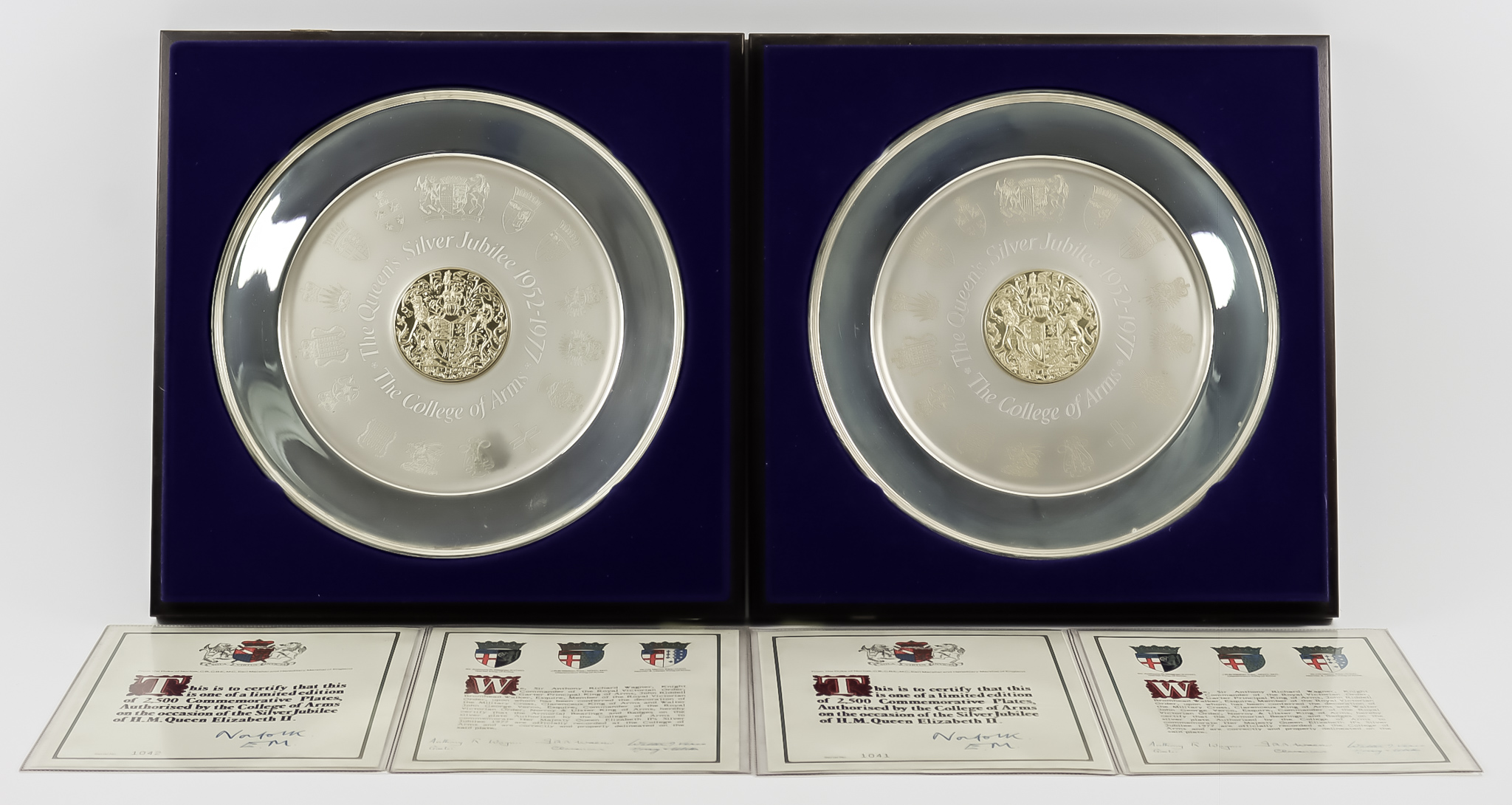 Two Elizabeth II Silver and Silver Gilt Commemorative "The College of Arms" Plates, by Danbury Mint,