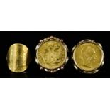 Two Austrian 1915 Ten Corona Gold Coins, in gold coloured metal ring mounts, and one other