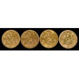 Four George V Half Sovereigns 1911, 1912, 1913, and 1914, fair/fine