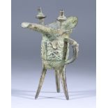 A Chinese Bronze Tripod Ritual Vessel in Archaistic Style, raised on three blade form supports,